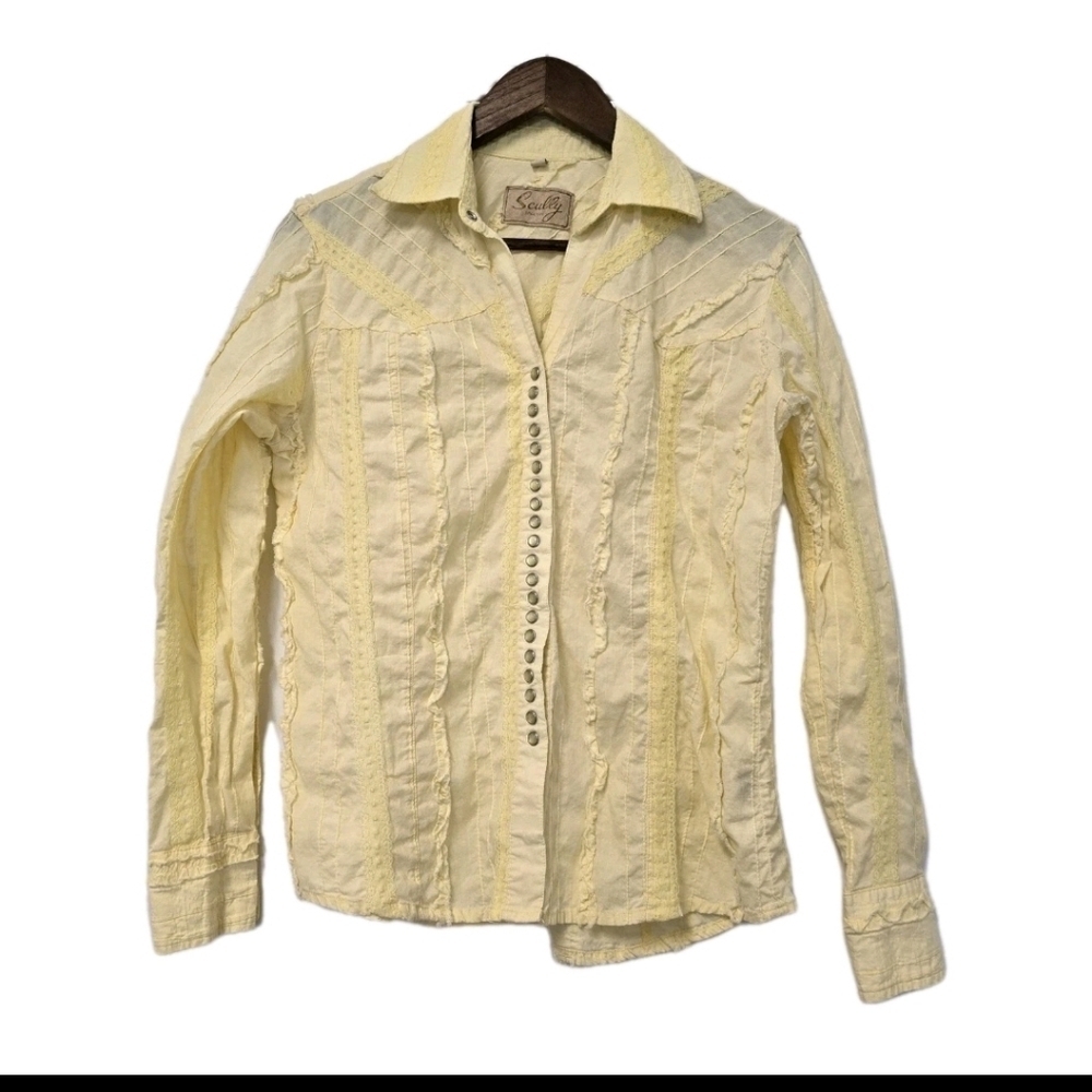 Scully Western Shirt Womens Pale Yellow Pearl Snap Front Size Small Lace Pleated